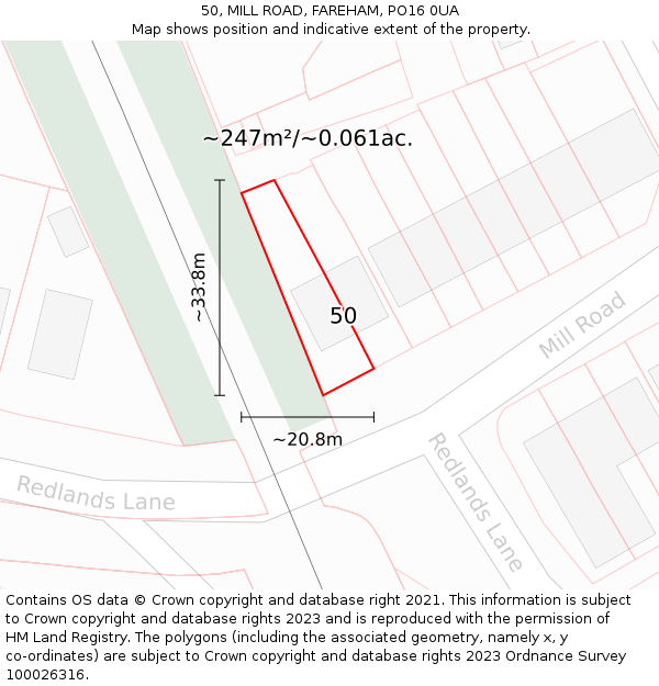 50, MILL ROAD, FAREHAM, PO16 0UA: Plot and title map
