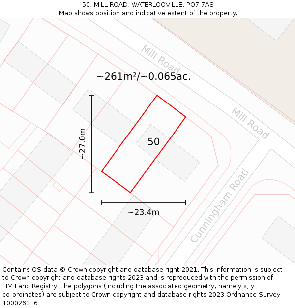 50, MILL ROAD, WATERLOOVILLE, PO7 7AS: Plot and title map