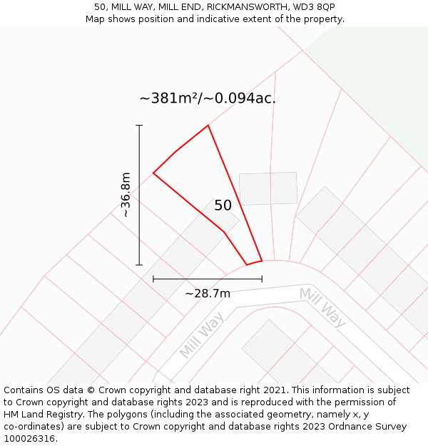 50, MILL WAY, MILL END, RICKMANSWORTH, WD3 8QP: Plot and title map