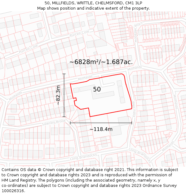 50, MILLFIELDS, WRITTLE, CHELMSFORD, CM1 3LP: Plot and title map