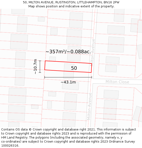 50, MILTON AVENUE, RUSTINGTON, LITTLEHAMPTON, BN16 2PW: Plot and title map