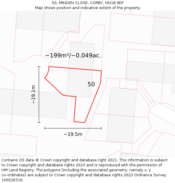 50, MINDEN CLOSE, CORBY, NN18 9EP: Plot and title map