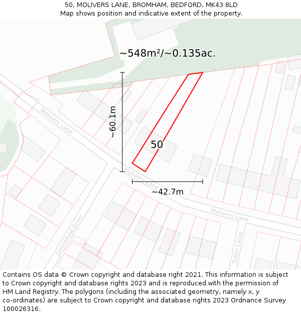 50, MOLIVERS LANE, BROMHAM, BEDFORD, MK43 8LD: Plot and title map