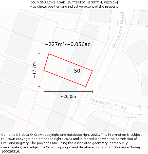 50, MONARCHS ROAD, SUTTERTON, BOSTON, PE20 2HJ: Plot and title map