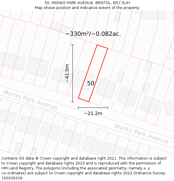 50, MONKS PARK AVENUE, BRISTOL, BS7 0UH: Plot and title map