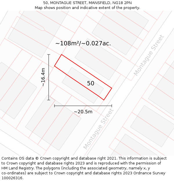 50, MONTAGUE STREET, MANSFIELD, NG18 2PN: Plot and title map