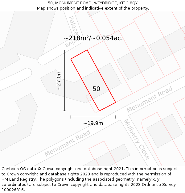 50, MONUMENT ROAD, WEYBRIDGE, KT13 8QY: Plot and title map