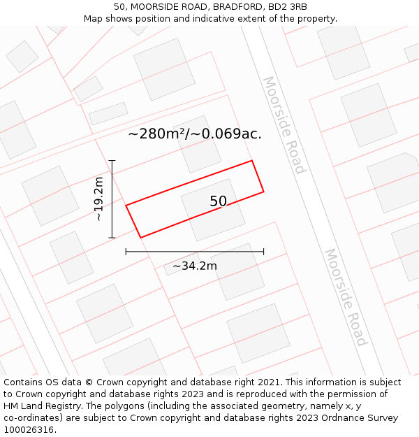 50, MOORSIDE ROAD, BRADFORD, BD2 3RB: Plot and title map
