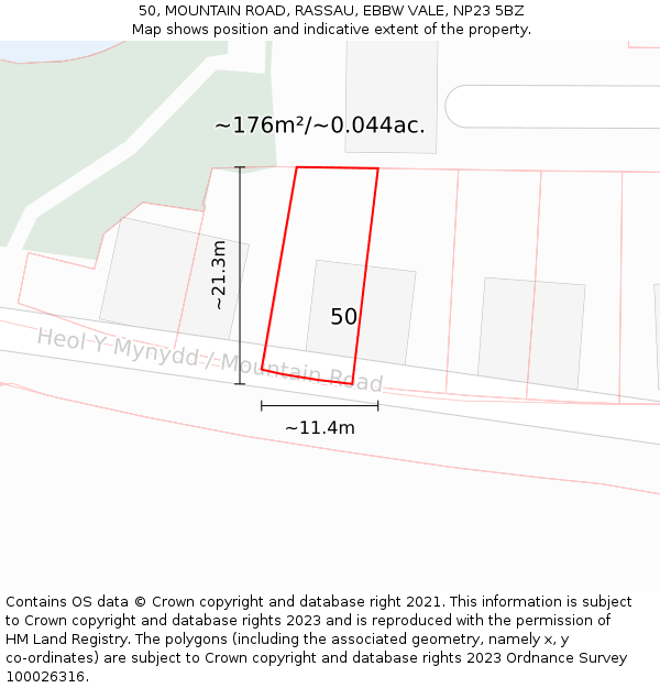 50, MOUNTAIN ROAD, RASSAU, EBBW VALE, NP23 5BZ: Plot and title map
