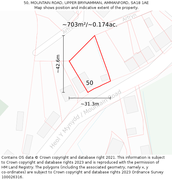 50, MOUNTAIN ROAD, UPPER BRYNAMMAN, AMMANFORD, SA18 1AE: Plot and title map