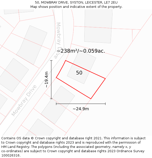 50, MOWBRAY DRIVE, SYSTON, LEICESTER, LE7 2EU: Plot and title map