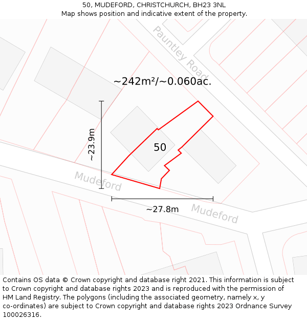 50, MUDEFORD, CHRISTCHURCH, BH23 3NL: Plot and title map
