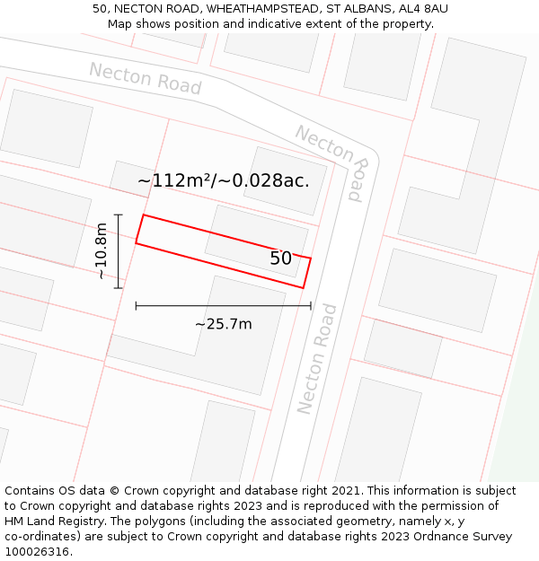 50, NECTON ROAD, WHEATHAMPSTEAD, ST ALBANS, AL4 8AU: Plot and title map
