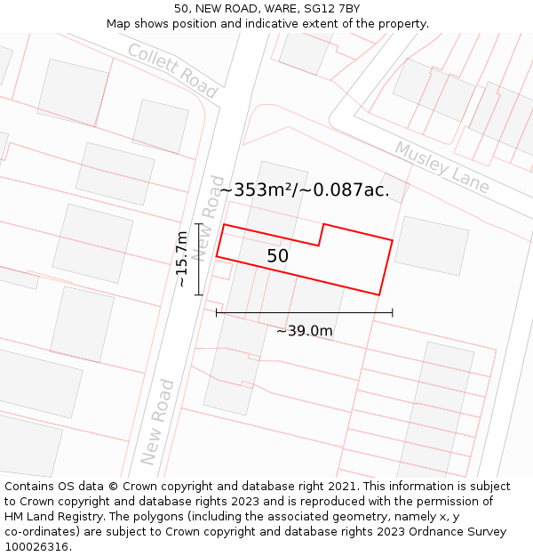 50, NEW ROAD, WARE, SG12 7BY: Plot and title map