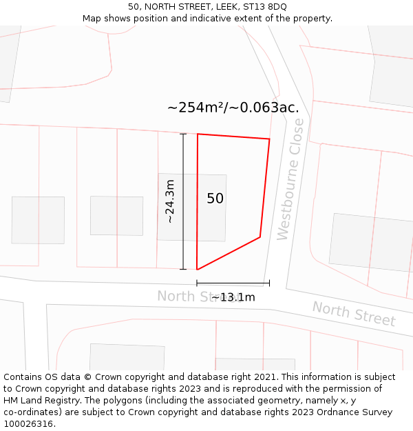 50, NORTH STREET, LEEK, ST13 8DQ: Plot and title map