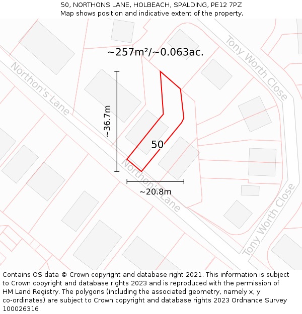 50, NORTHONS LANE, HOLBEACH, SPALDING, PE12 7PZ: Plot and title map