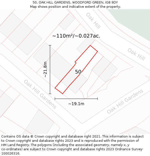 50, OAK HILL GARDENS, WOODFORD GREEN, IG8 9DY: Plot and title map
