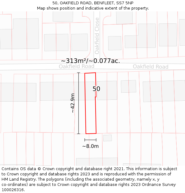 50, OAKFIELD ROAD, BENFLEET, SS7 5NP: Plot and title map
