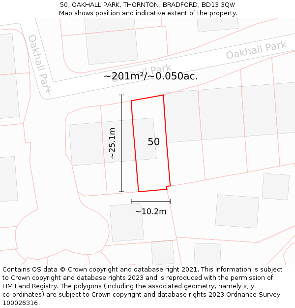 50, OAKHALL PARK, THORNTON, BRADFORD, BD13 3QW: Plot and title map