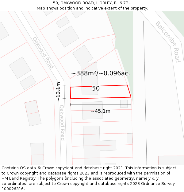 50, OAKWOOD ROAD, HORLEY, RH6 7BU: Plot and title map