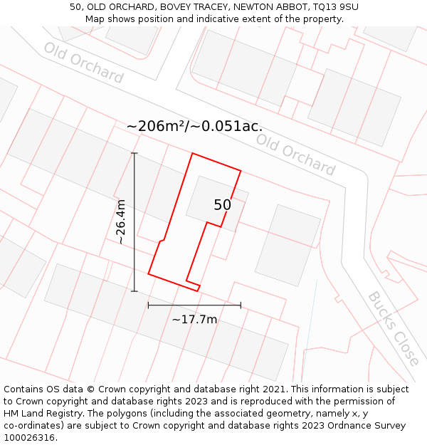 50, OLD ORCHARD, BOVEY TRACEY, NEWTON ABBOT, TQ13 9SU: Plot and title map