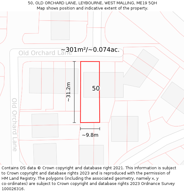 50, OLD ORCHARD LANE, LEYBOURNE, WEST MALLING, ME19 5QH: Plot and title map
