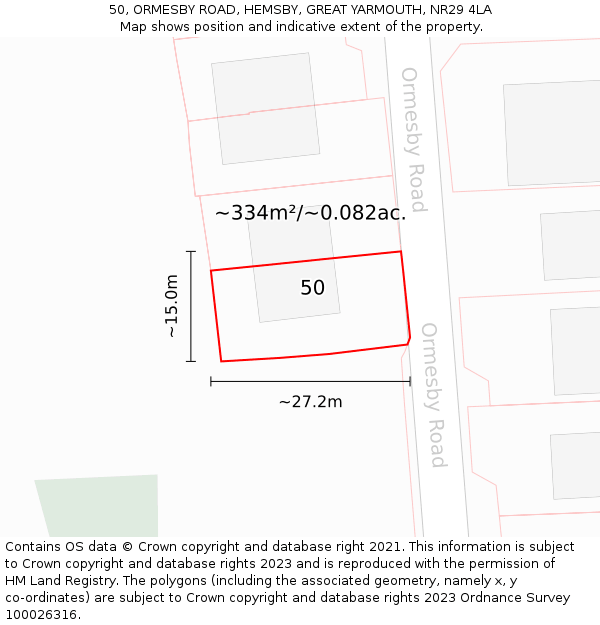 50, ORMESBY ROAD, HEMSBY, GREAT YARMOUTH, NR29 4LA: Plot and title map