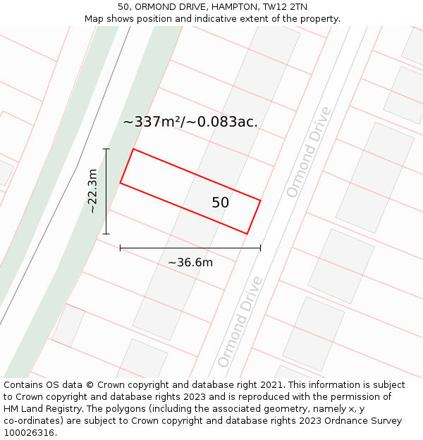 50, ORMOND DRIVE, HAMPTON, TW12 2TN: Plot and title map