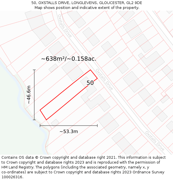 50, OXSTALLS DRIVE, LONGLEVENS, GLOUCESTER, GL2 9DE: Plot and title map