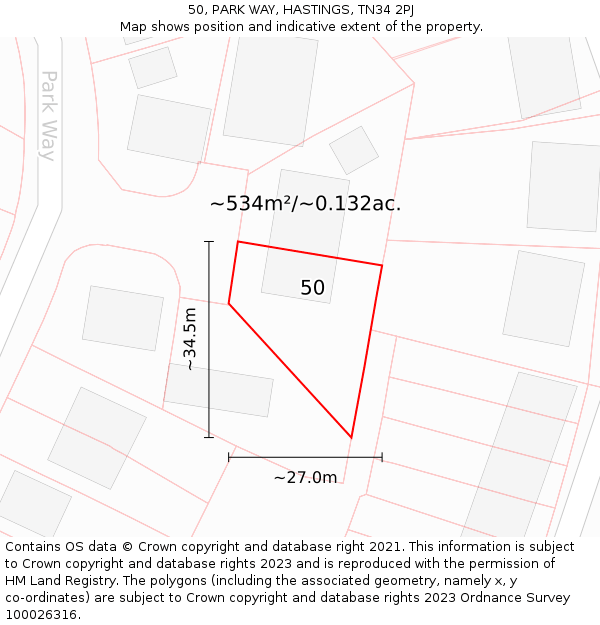 50, PARK WAY, HASTINGS, TN34 2PJ: Plot and title map