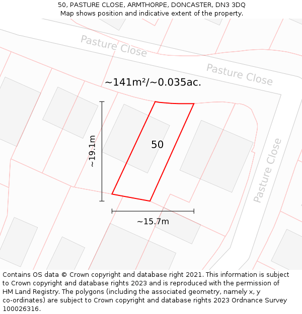 50, PASTURE CLOSE, ARMTHORPE, DONCASTER, DN3 3DQ: Plot and title map