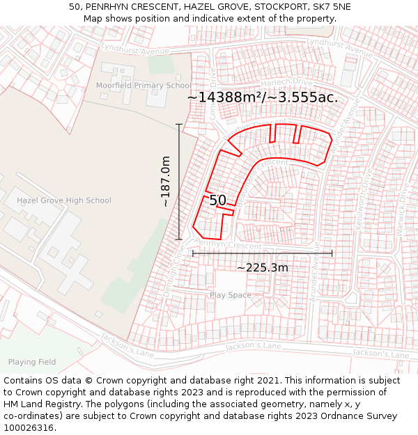 50, PENRHYN CRESCENT, HAZEL GROVE, STOCKPORT, SK7 5NE: Plot and title map