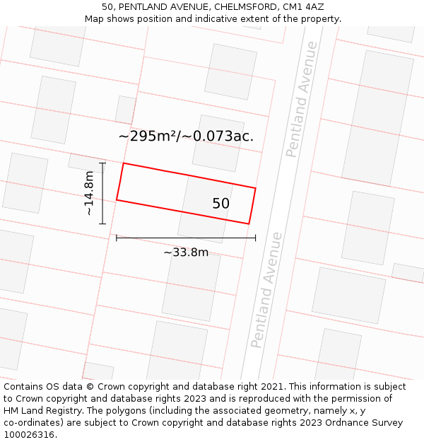 50, PENTLAND AVENUE, CHELMSFORD, CM1 4AZ: Plot and title map