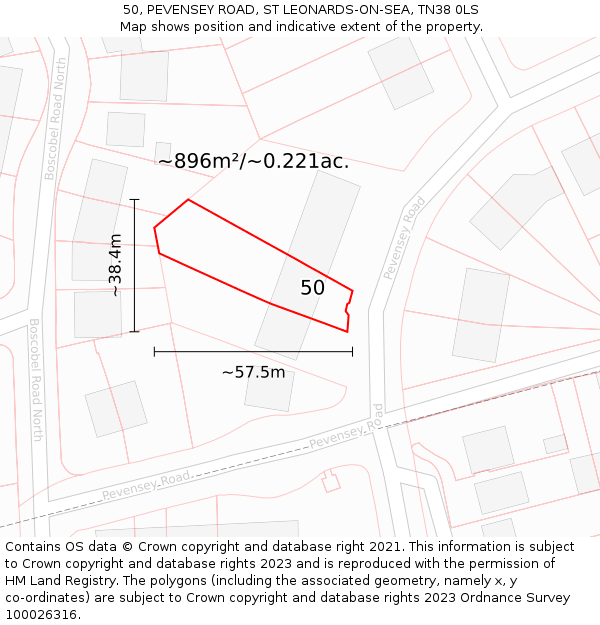 50, PEVENSEY ROAD, ST LEONARDS-ON-SEA, TN38 0LS: Plot and title map