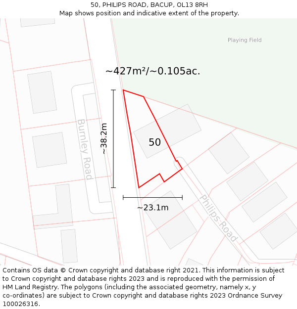 50, PHILIPS ROAD, BACUP, OL13 8RH: Plot and title map