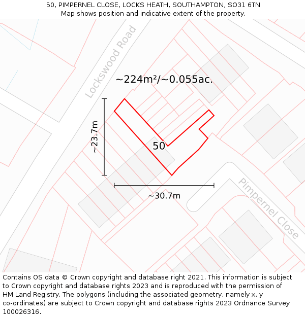 50, PIMPERNEL CLOSE, LOCKS HEATH, SOUTHAMPTON, SO31 6TN: Plot and title map