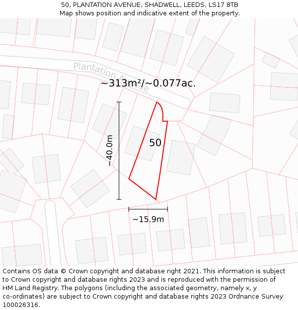 50, PLANTATION AVENUE, SHADWELL, LEEDS, LS17 8TB: Plot and title map
