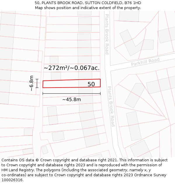50, PLANTS BROOK ROAD, SUTTON COLDFIELD, B76 1HD: Plot and title map