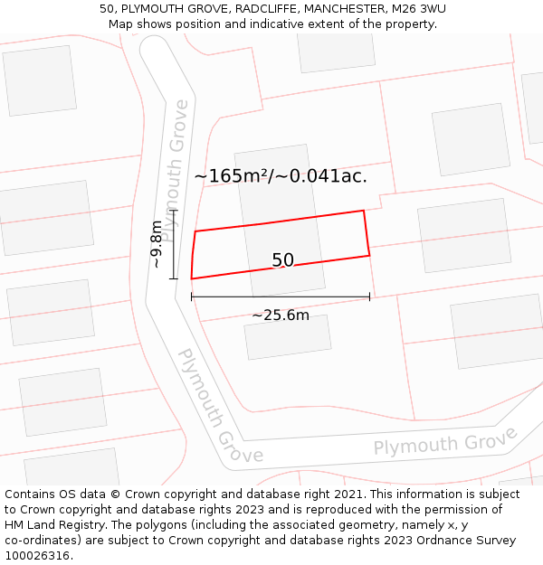50, PLYMOUTH GROVE, RADCLIFFE, MANCHESTER, M26 3WU: Plot and title map