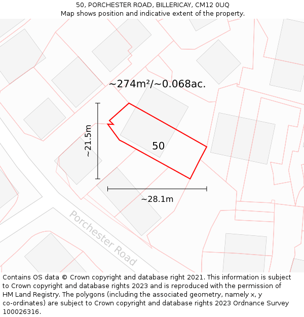 50, PORCHESTER ROAD, BILLERICAY, CM12 0UQ: Plot and title map