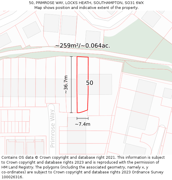 50, PRIMROSE WAY, LOCKS HEATH, SOUTHAMPTON, SO31 6WX: Plot and title map