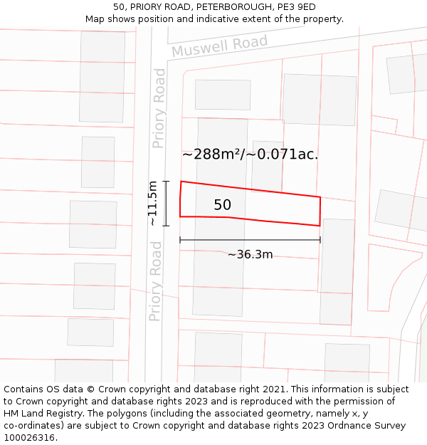 50, PRIORY ROAD, PETERBOROUGH, PE3 9ED: Plot and title map