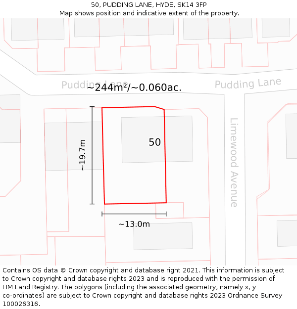 50, PUDDING LANE, HYDE, SK14 3FP: Plot and title map