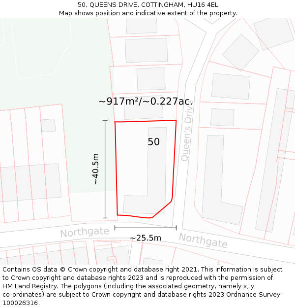 50, QUEENS DRIVE, COTTINGHAM, HU16 4EL: Plot and title map