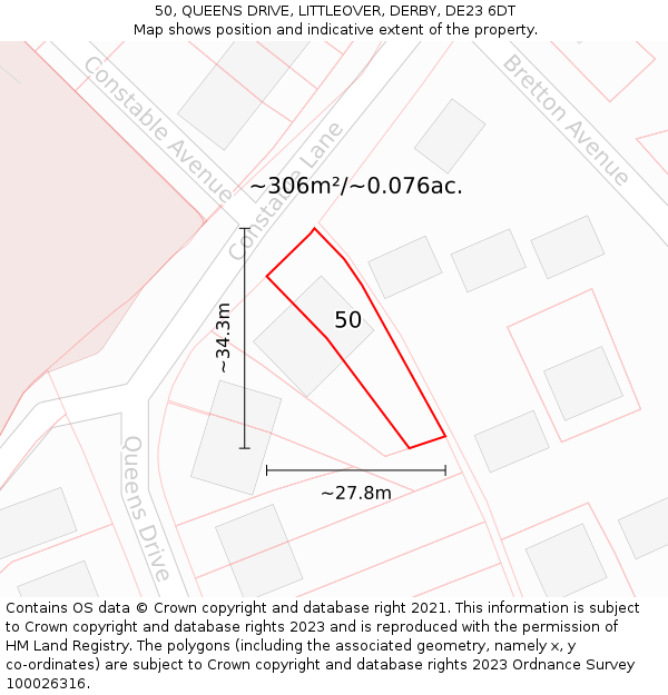 50, QUEENS DRIVE, LITTLEOVER, DERBY, DE23 6DT: Plot and title map