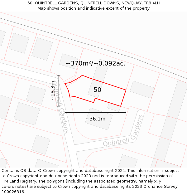 50, QUINTRELL GARDENS, QUINTRELL DOWNS, NEWQUAY, TR8 4LH: Plot and title map