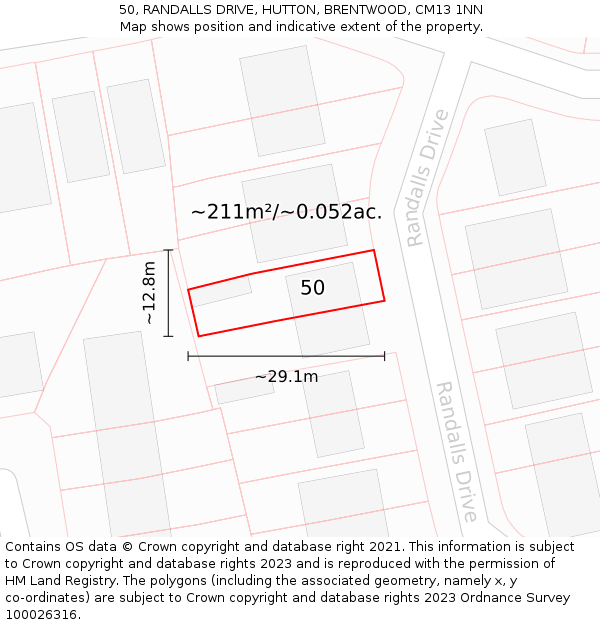50, RANDALLS DRIVE, HUTTON, BRENTWOOD, CM13 1NN: Plot and title map