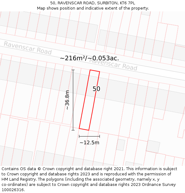 50, RAVENSCAR ROAD, SURBITON, KT6 7PL: Plot and title map