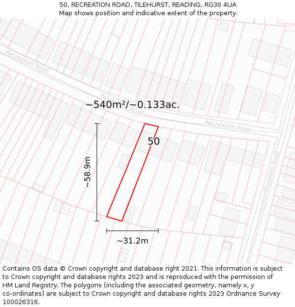 50, RECREATION ROAD, TILEHURST, READING, RG30 4UA: Plot and title map