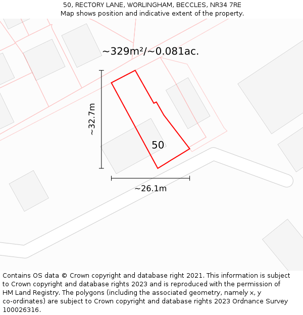 50, RECTORY LANE, WORLINGHAM, BECCLES, NR34 7RE: Plot and title map